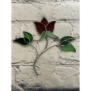 Vintage Stained Glass Sun Catcher Flower Red Green 6 1/2" X 6 1/4"